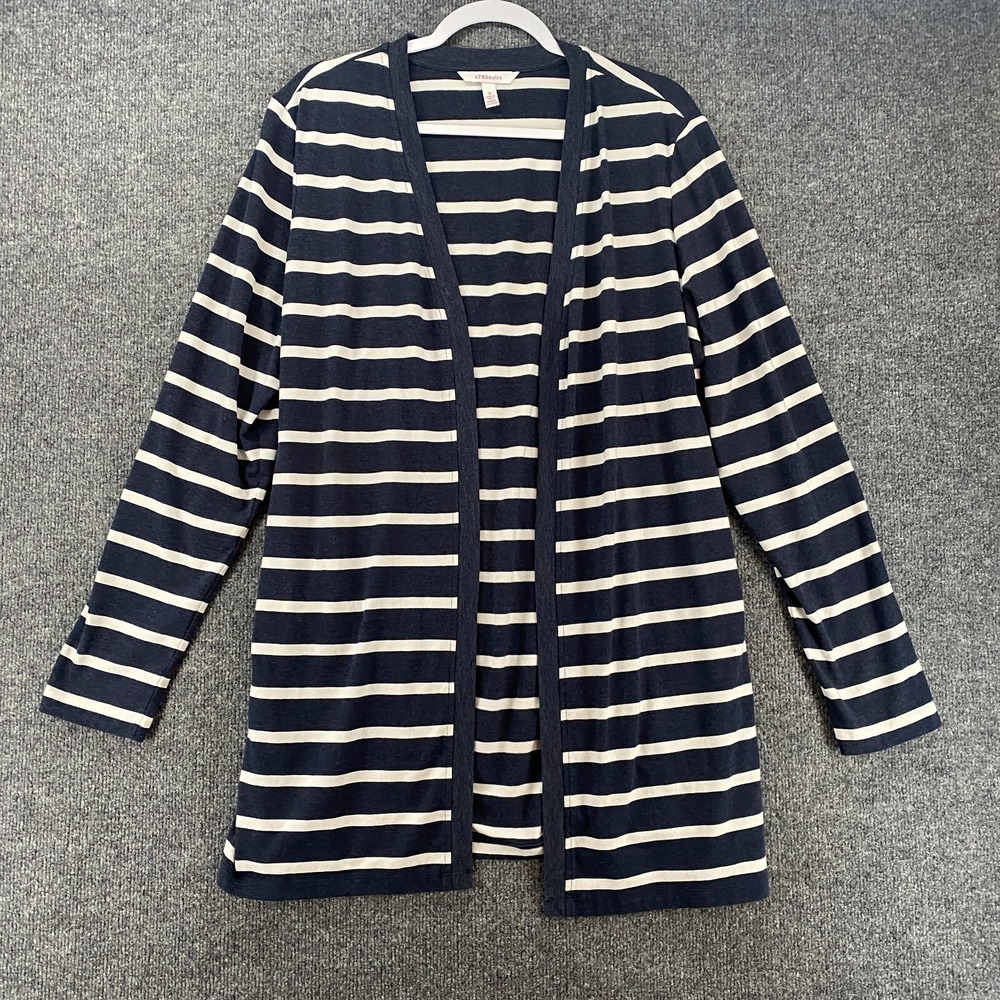 LTS Basics Cardigan Womens M Blue Striped Open Front Cozy‎ Comfy Lounge Casual